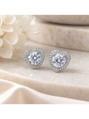 Vintage Heart Stud Earrings Made with Swarovski Crystal Silver Halo Y2K Jewelry